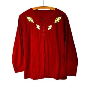 CHIC Burnt Orange Rust Long Sleeve Green Floral Geometric Embroidered Top No Tag